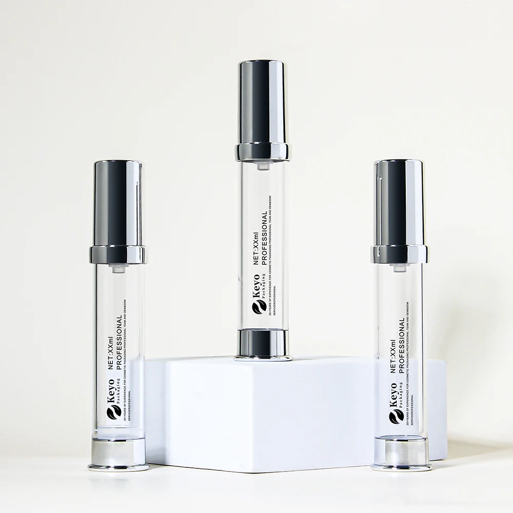 15ml Mini Sample Size Plastic Airless Pump Bottles Cosmetics Packaging Refillable Airless Serum Bottle Metallic Silver Color