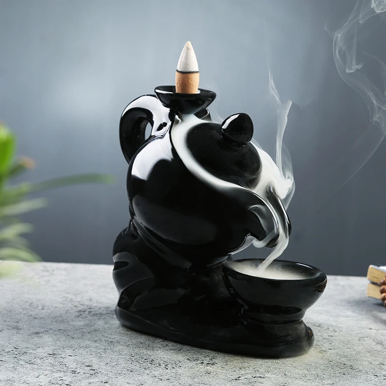 Hot sale ceramic fresh air coffee pot backflow burner, black teapot incense waterfall burner holder wholesale