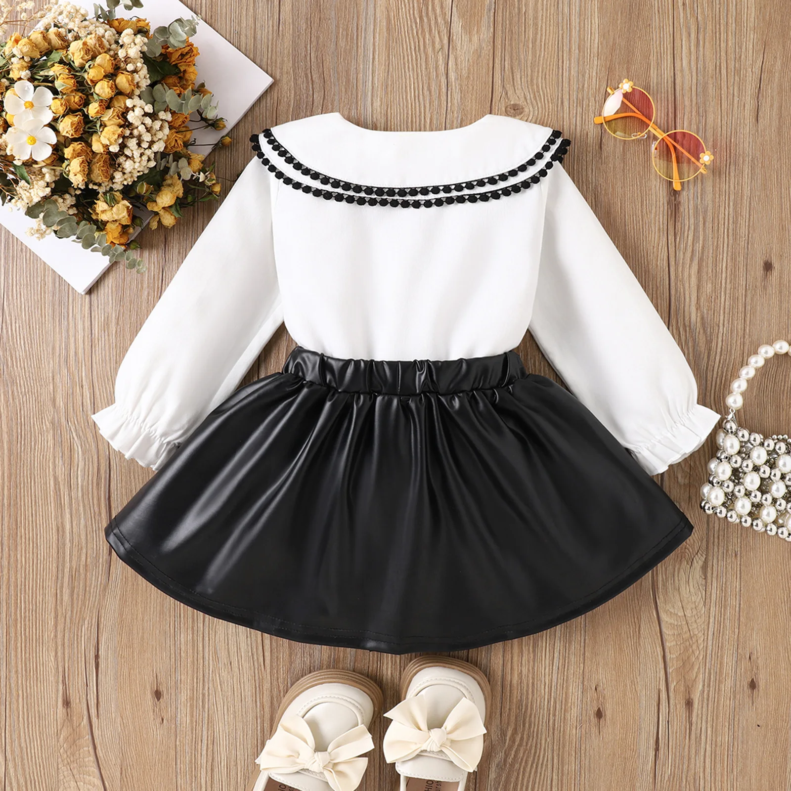 British style baby girl set with solid color lace long sleeved top and PU leather pants short skirt in stock