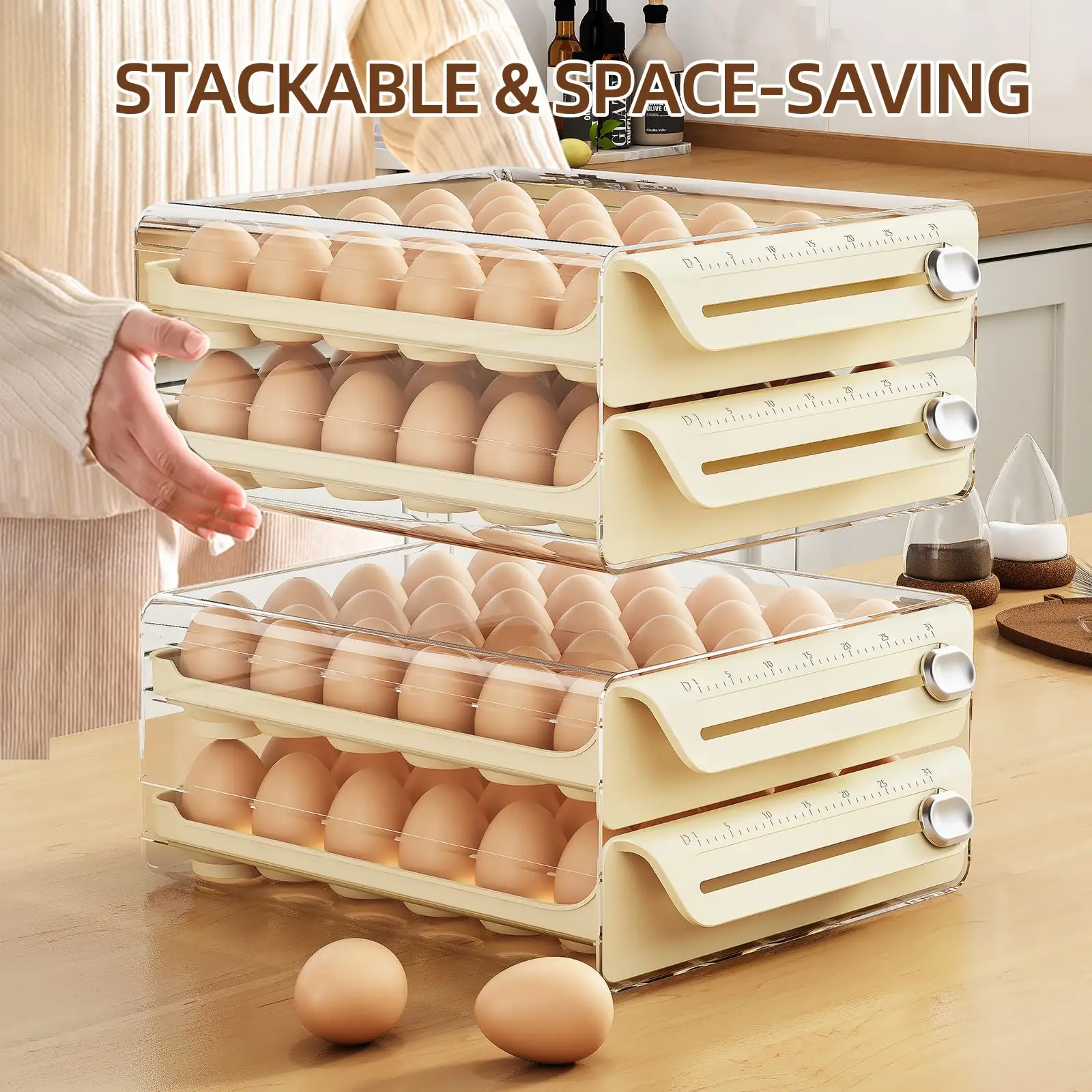 40 Eggs Tray with Time Scale 2 Layers Egg Trays, Clear Plastic Fridge Egg Organizer, Stackable Egg Drawer