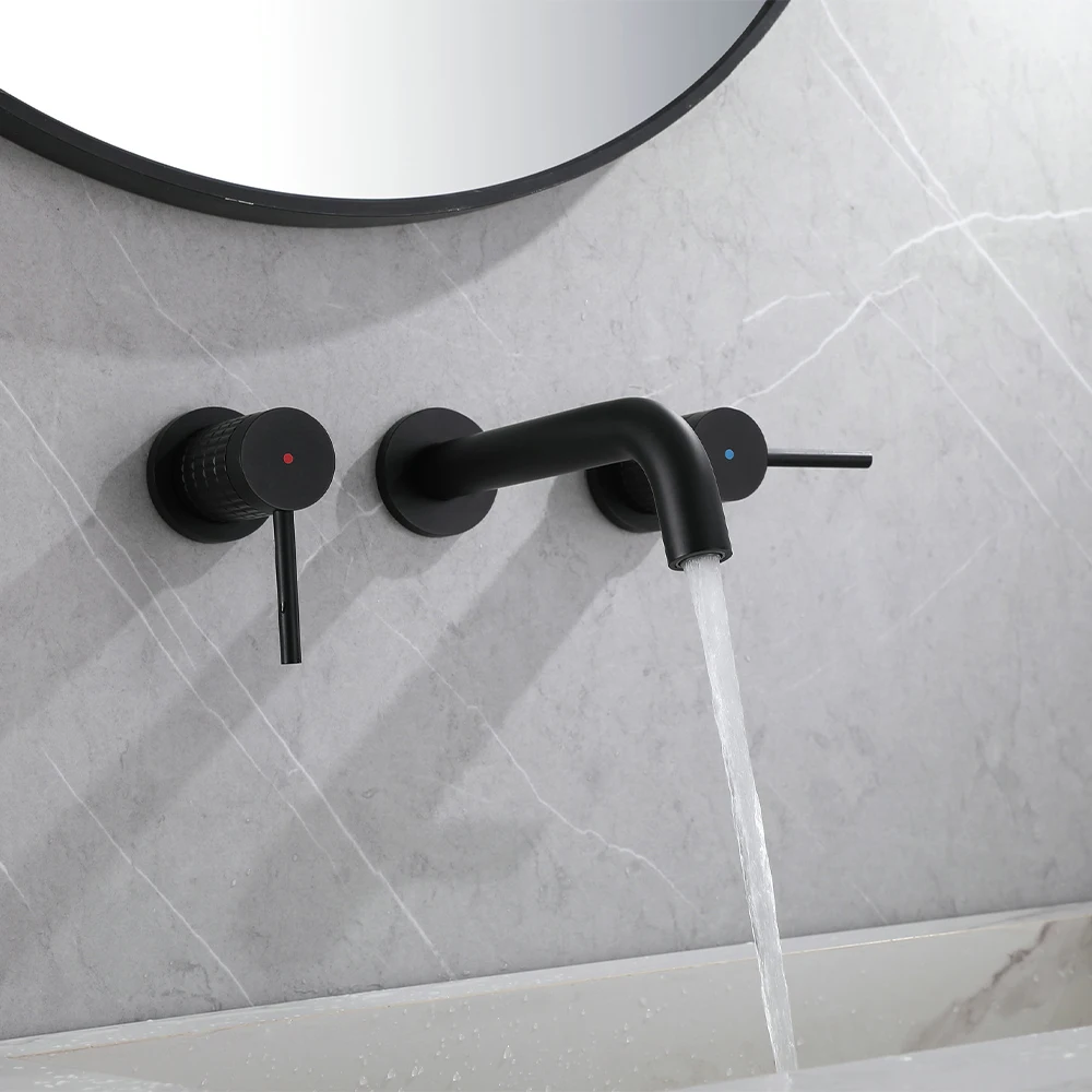 Bathroom In Wall Double Lever Tap Black Basin Mixer Faucet
