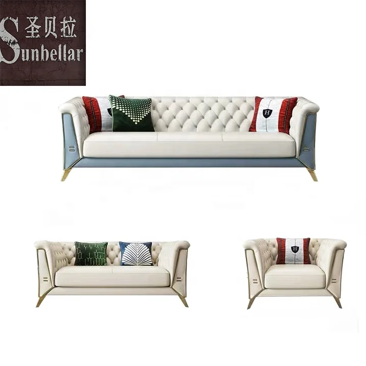 leather sofa set furniture living room modern gold steel genuine leather sectional couch 123 European style home furniture