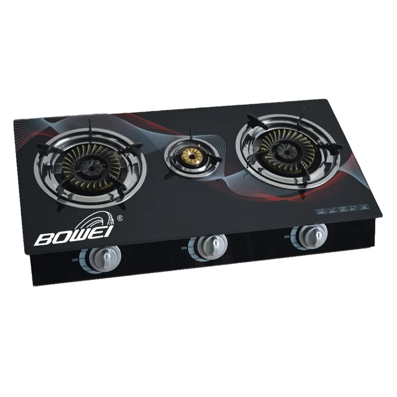 Low gas consumption three burner gas stove kitchen appliance made in china glass top high quality cheap gas cooker regulator