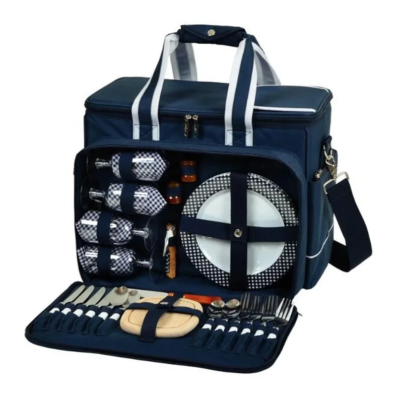 Large capacity sortie bag picnic basket set 4 tablewares insulated picnic bag