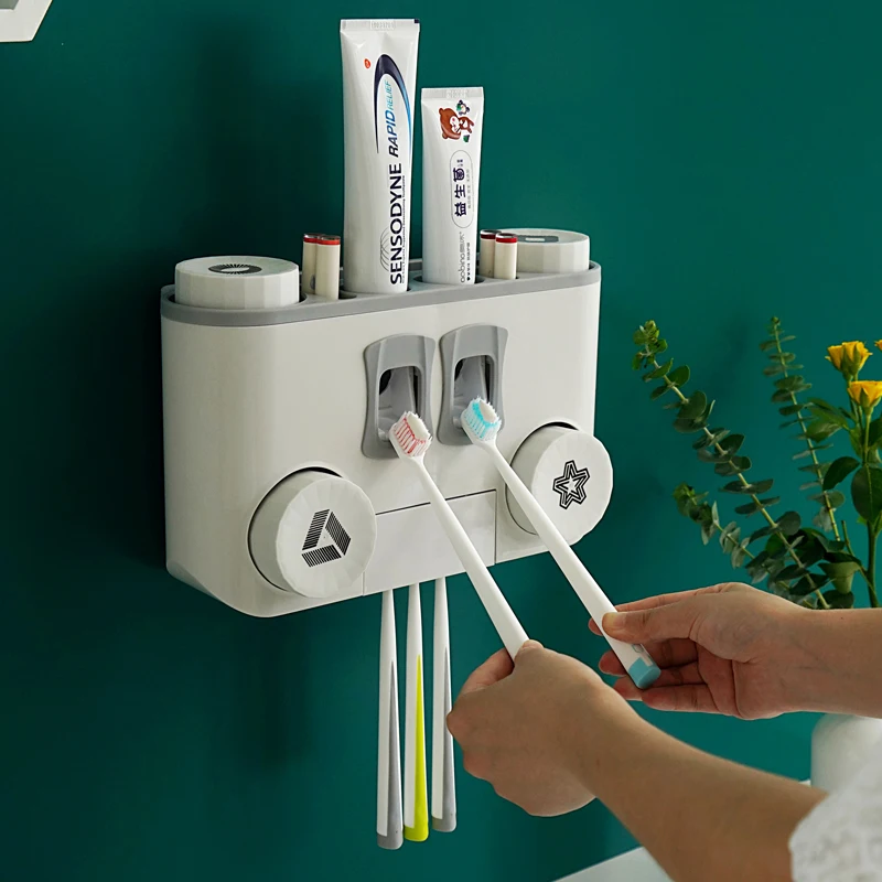 Toothbrush Rack Free Punching Bathroom Mouthwash Dental Cup Set Suction Wall-mounted Toothpaste Squeezing Device Dental Rack