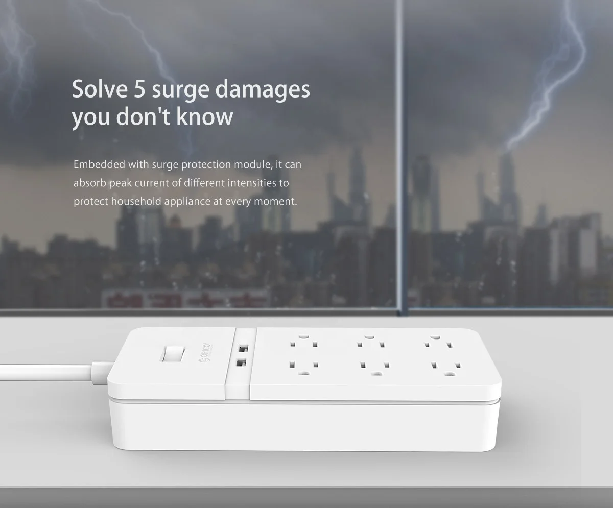  OEM Low MOQ Smart Charging Desktop Surge Protector Power Strip with 6 AC Outlets and 2 USB Ports