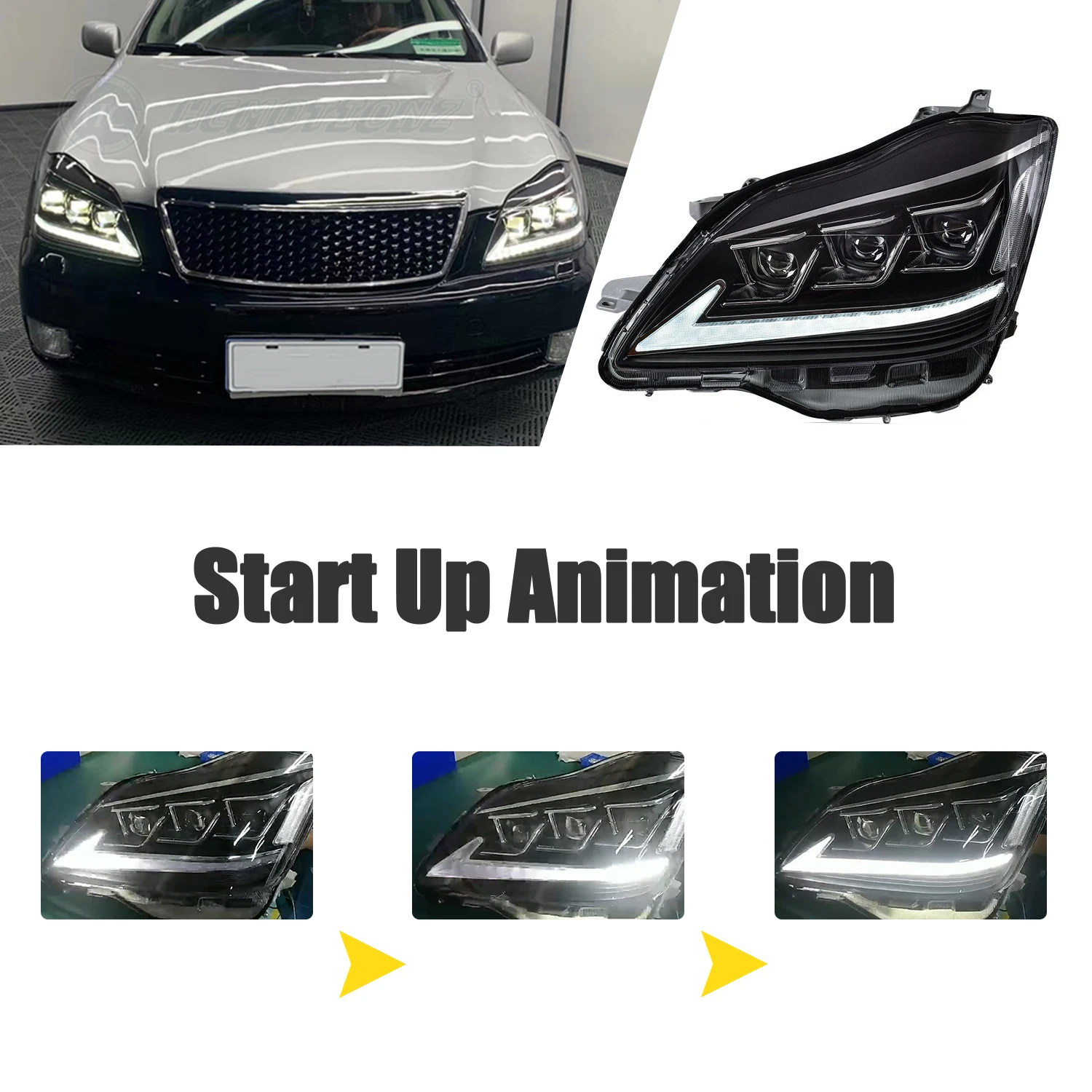 HCMOTIONZ Car Front Lamps 2003-2008 12th Gen with Red Demon Eyes DRL Assembly Animation LED Headlights For Toyota Crown