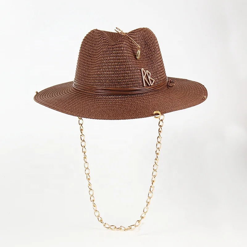 Women Fashion Retro Paper Braid Straw Panama Hat with Metal Words Pin Ring and Chain Chin Strap