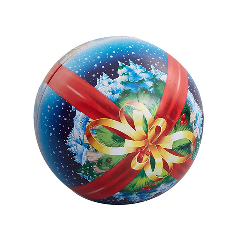 Free Samples Custom Printed Metal Iron Tinplate Ball Christmas Gift Candy Money Tin Box Ball Tin With Ribbon