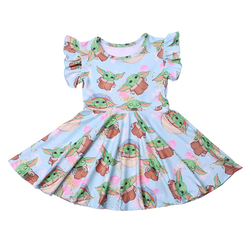 Kids clothes 2020teenager dresses for girls party cute cartoon flutter sleeve girl party twirl skirts with ruffles milk silk