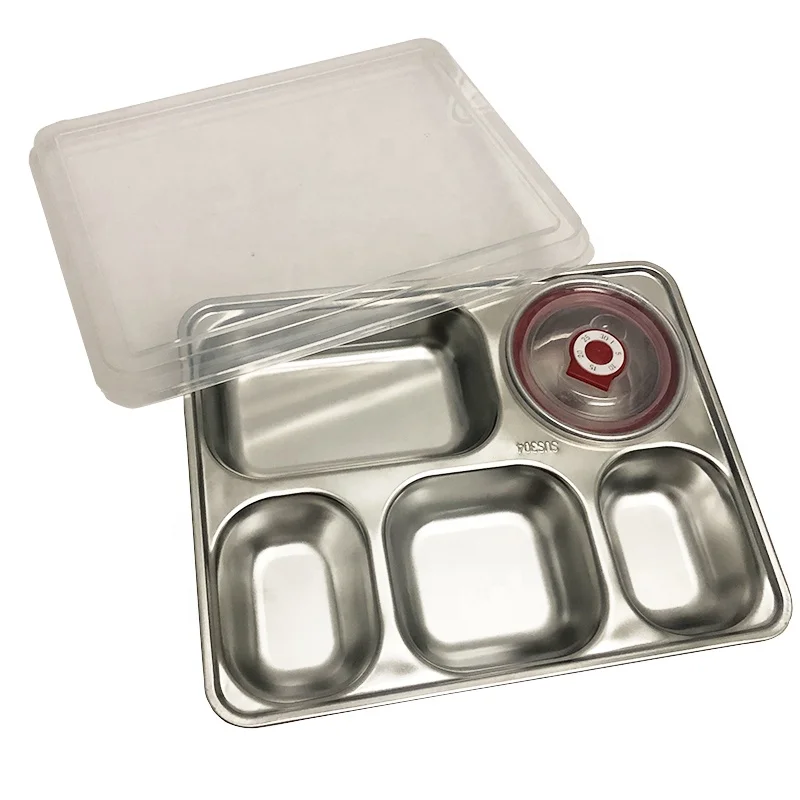 Wholesale 5 compartment stainless steel fast food tray soup bowl bento lunch box with lid