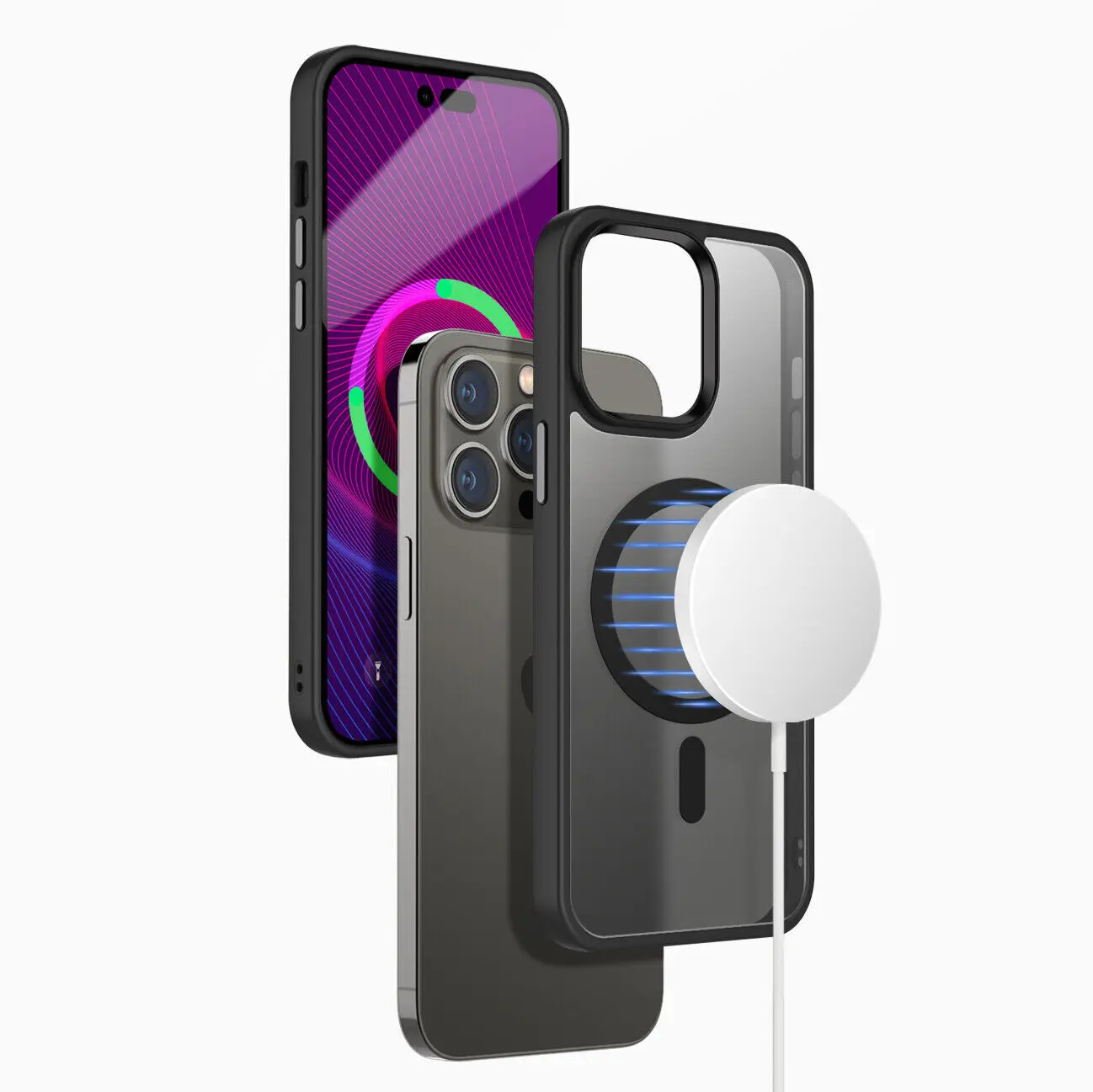 For iPhone 12 13 14 Pro Max Shockproof Magnetic Case Translucent Matte Hard PC Back Cover with Soft Silicone Bumper