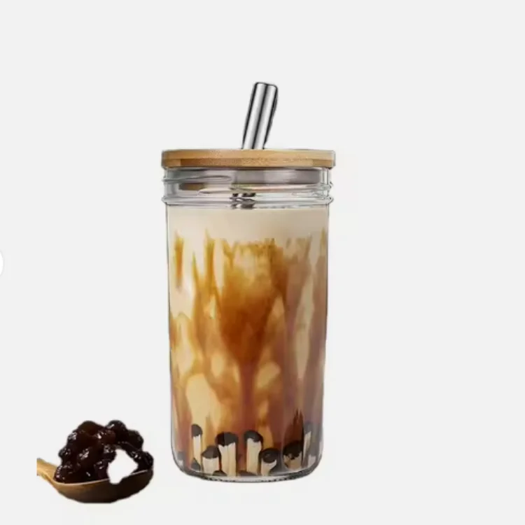 16 oz soda clear can shaped glass beer can bubble tea glass cup with wooden lid and spoon