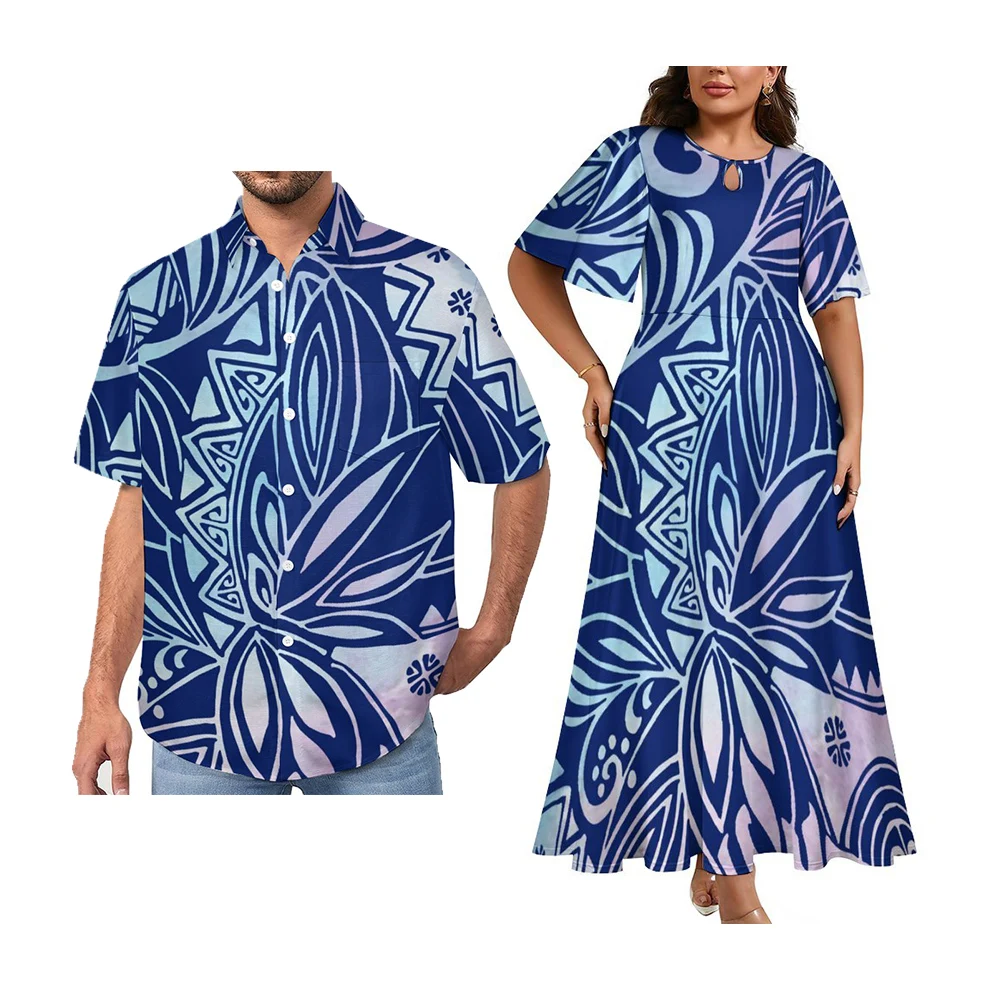 Factory Price Polynesian Elei Tribal Design Custom Couples Sets Womens Round Neck Short Sleeve Dress Men Shirt Couple Suit