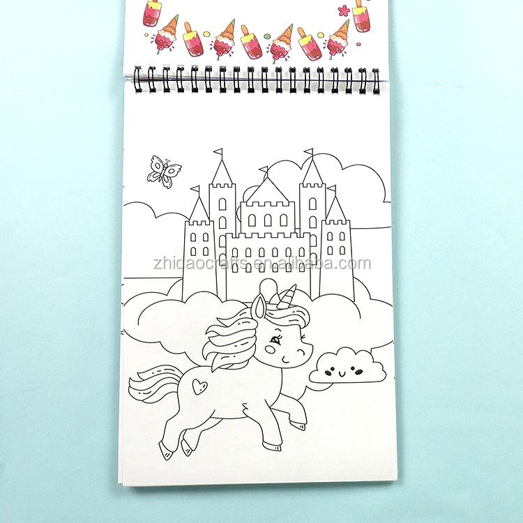 High Quality Full Color Kids Drawing Book Custom Hardcover Unicorn Spiral Coloring Books With Various Stickers