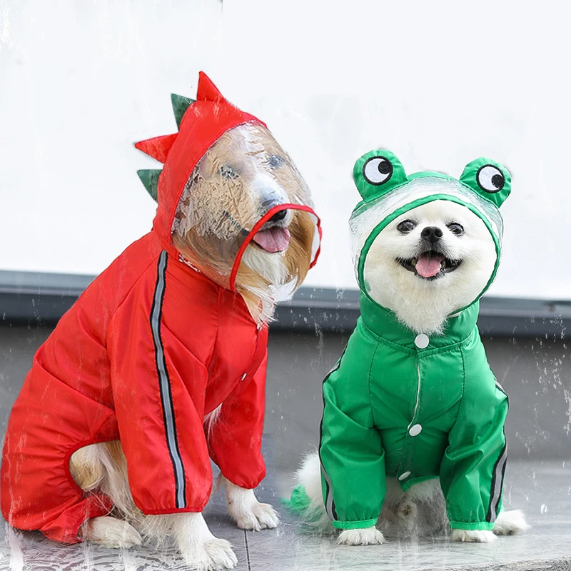 Hot Sale Large Dog Nylon Raincoat Outdoor Four Legged Reflective Strip Dinosaur Hoodie Waterproof Adjustable Pet Clothes