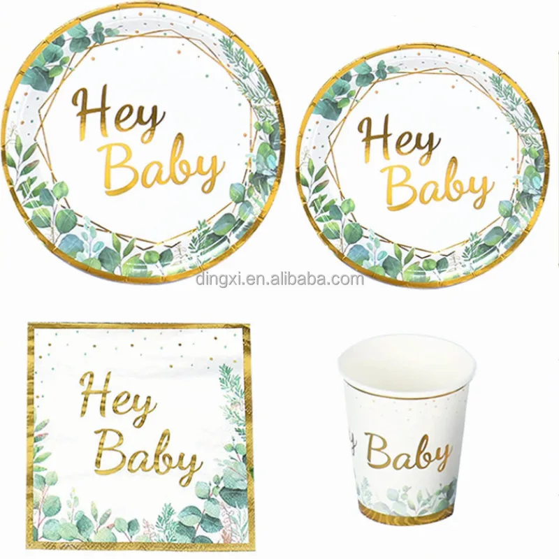 Hot selling 96pcs Baby Shower Tableware Kit Baby Cutlery Set Napkin Cup Paper Plate Sage Green Oh Baby Tableware Kit