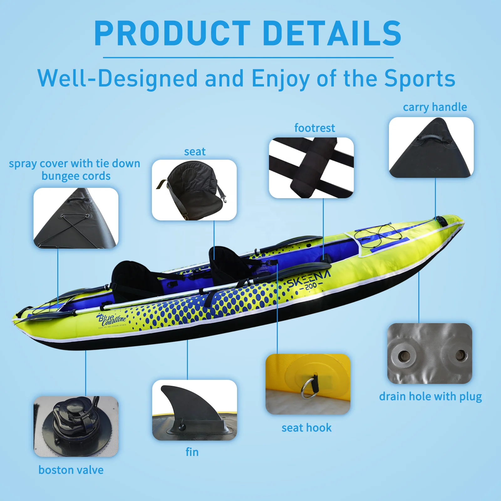 Directly selling multiple functions Various Color convenient to store and carry inflatable kayak 3 person