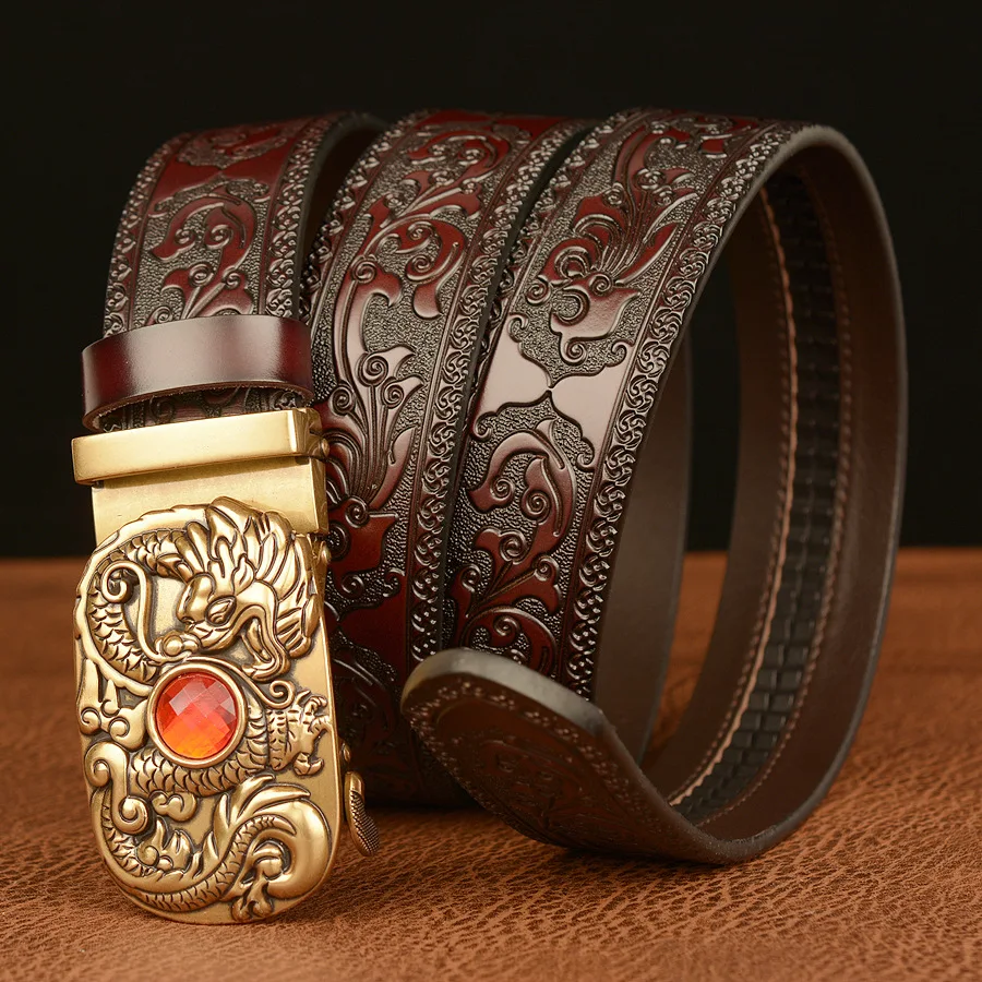 Genuine Leather Belts For Men Dragon Rhinestone Bead Automatic Buckle Belt Cowhide Designer Mens Belts