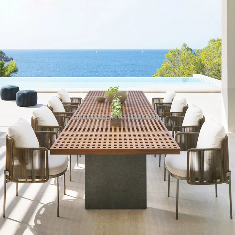 All weather webbing garden furniture outdoor rope dining set with wooden table