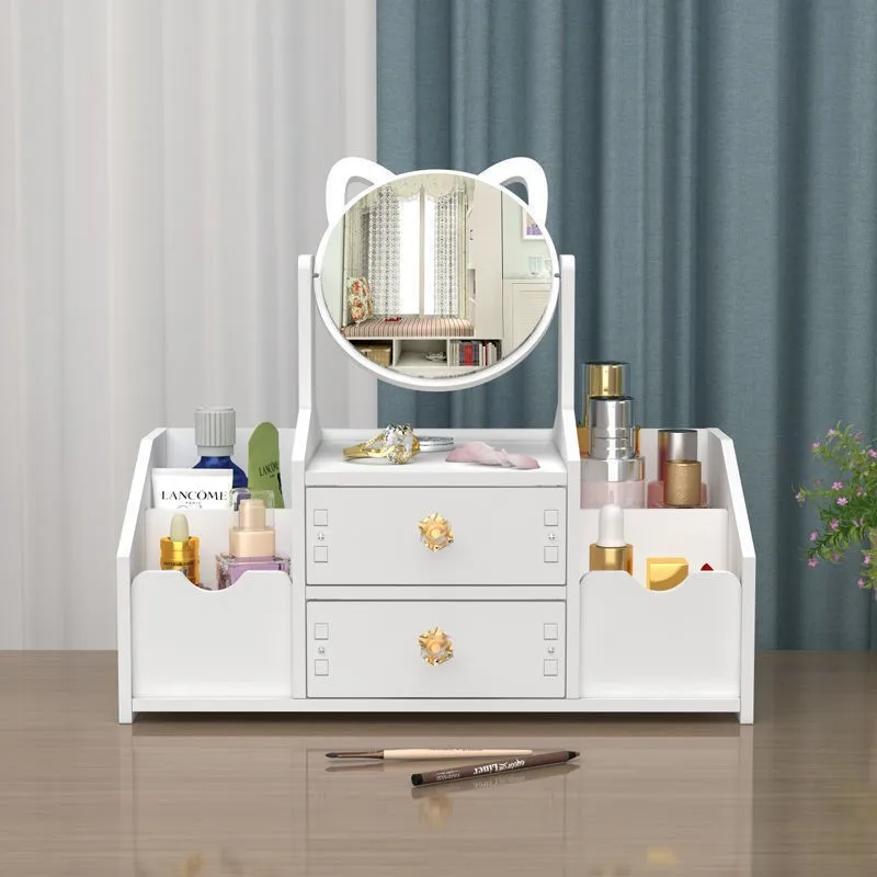 Multifunctional Luxury white round mirror nordic cosmetic storage box makeup organizer with ears Mirror