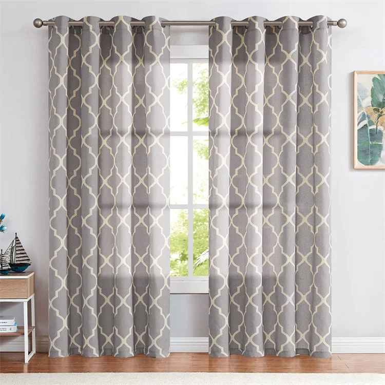 Grey Linen Moroccan Print Drapes Window Curtains Light Filtering Flax Textured Geometry Lattice Curtains for Bedroom Living Room