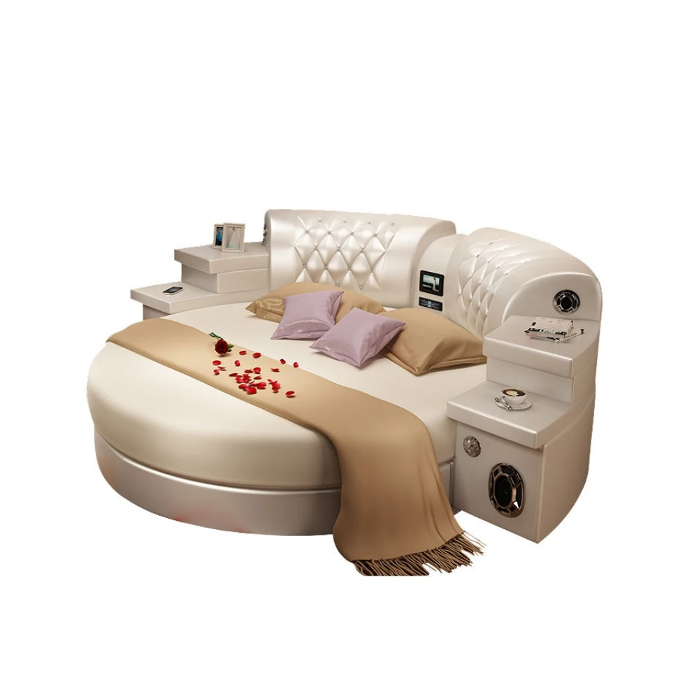 Smart bed Round bed EU style leather multi-function speaker massage USB LED light lover princess bed bedroom furniture