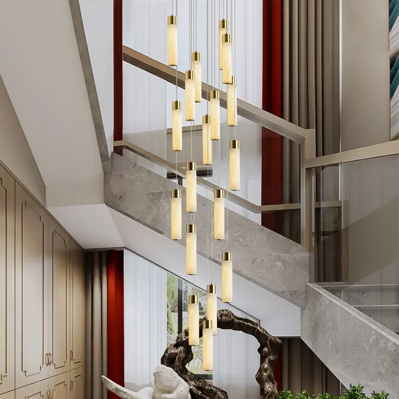 Hotel Projects Villa Hall Ceiling Chandelier Alabaster Stairs LED Long Pendant Lighting