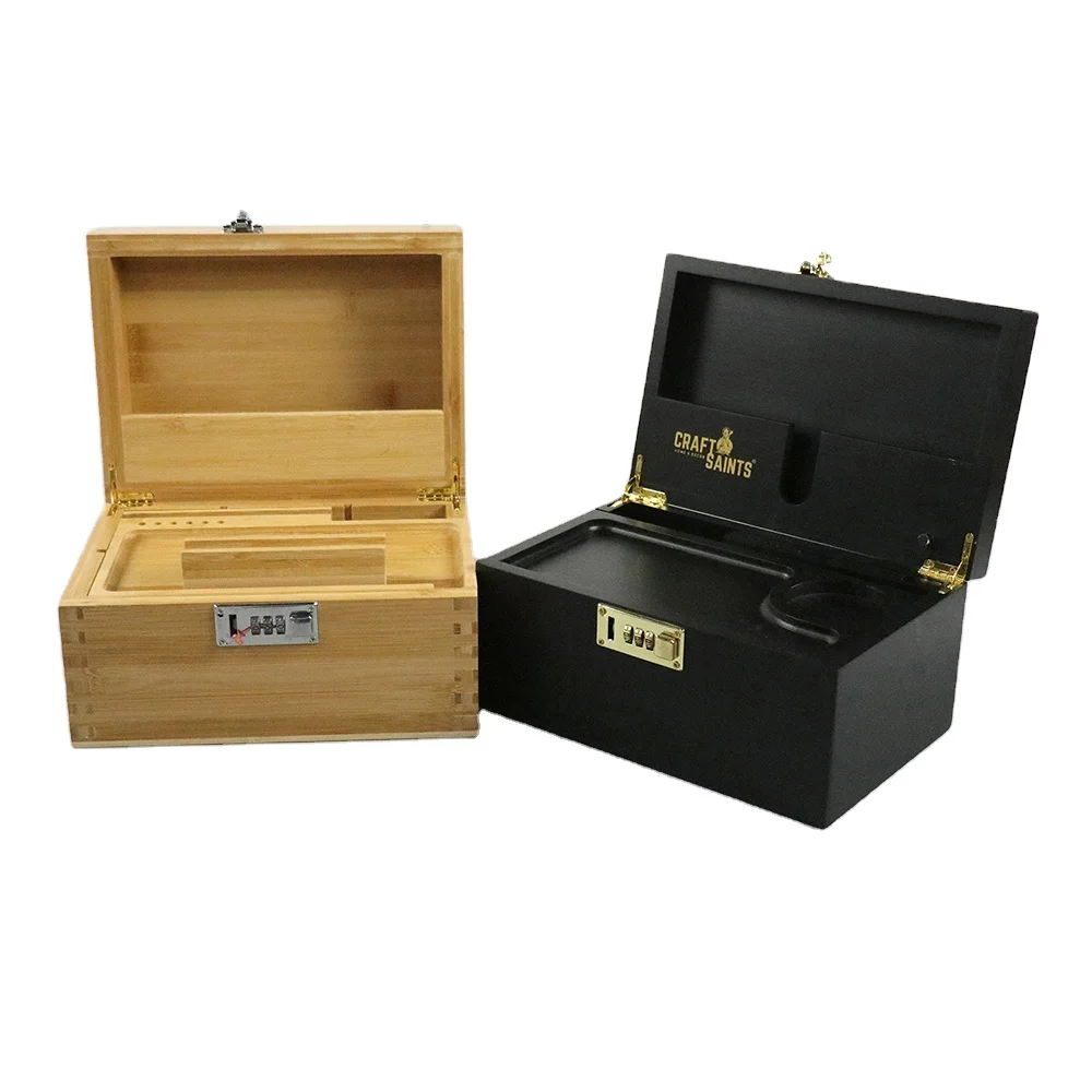 New custom 100% Bamboo Storage Box wooden Smoking Stash Box Sliding Rolling Tray with combination Lock