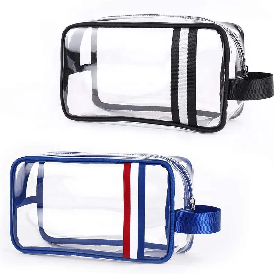 Accept Custom Logo Travel Transparent Vinyl Waterproof Beach Zipper Cosmetic Bag Pouch TSA Clear PVC Toiletry Bag With Handle