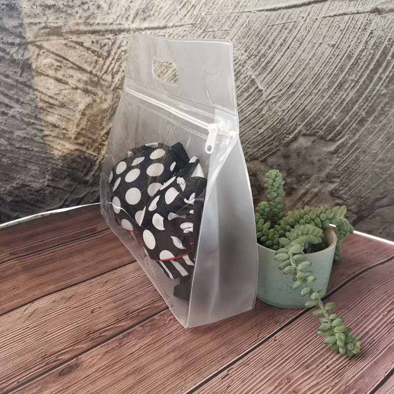 Recyclable custom logo pvc ziplock bag cosmetics travel storage pouch bottom gusset stand up zipper bag with handle