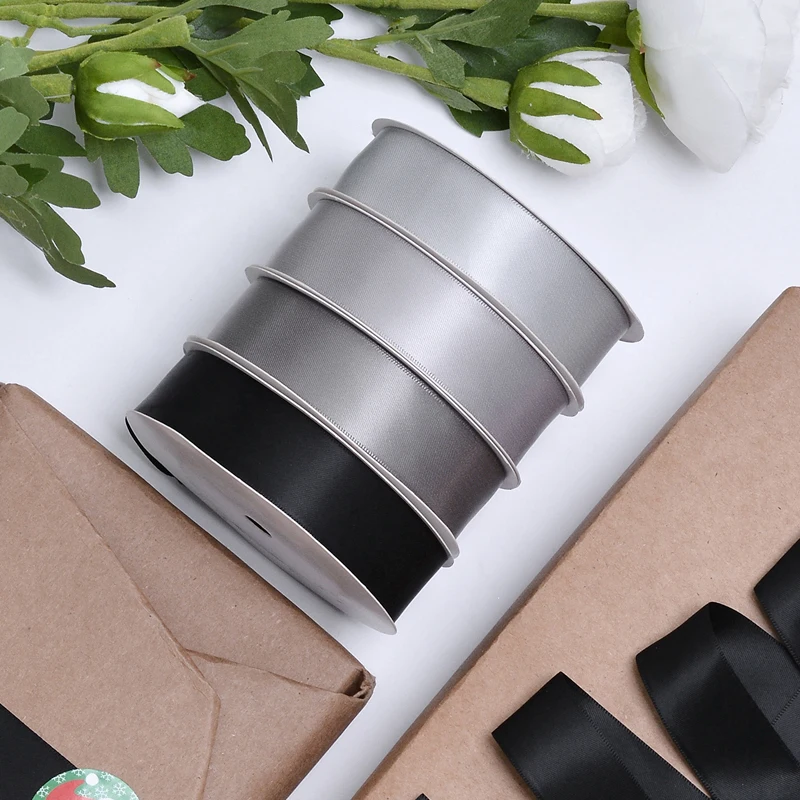 Yama 100 yards double face classic 28mm black satin ribbon grey white ribbon satin roll for perfume bottle packing
