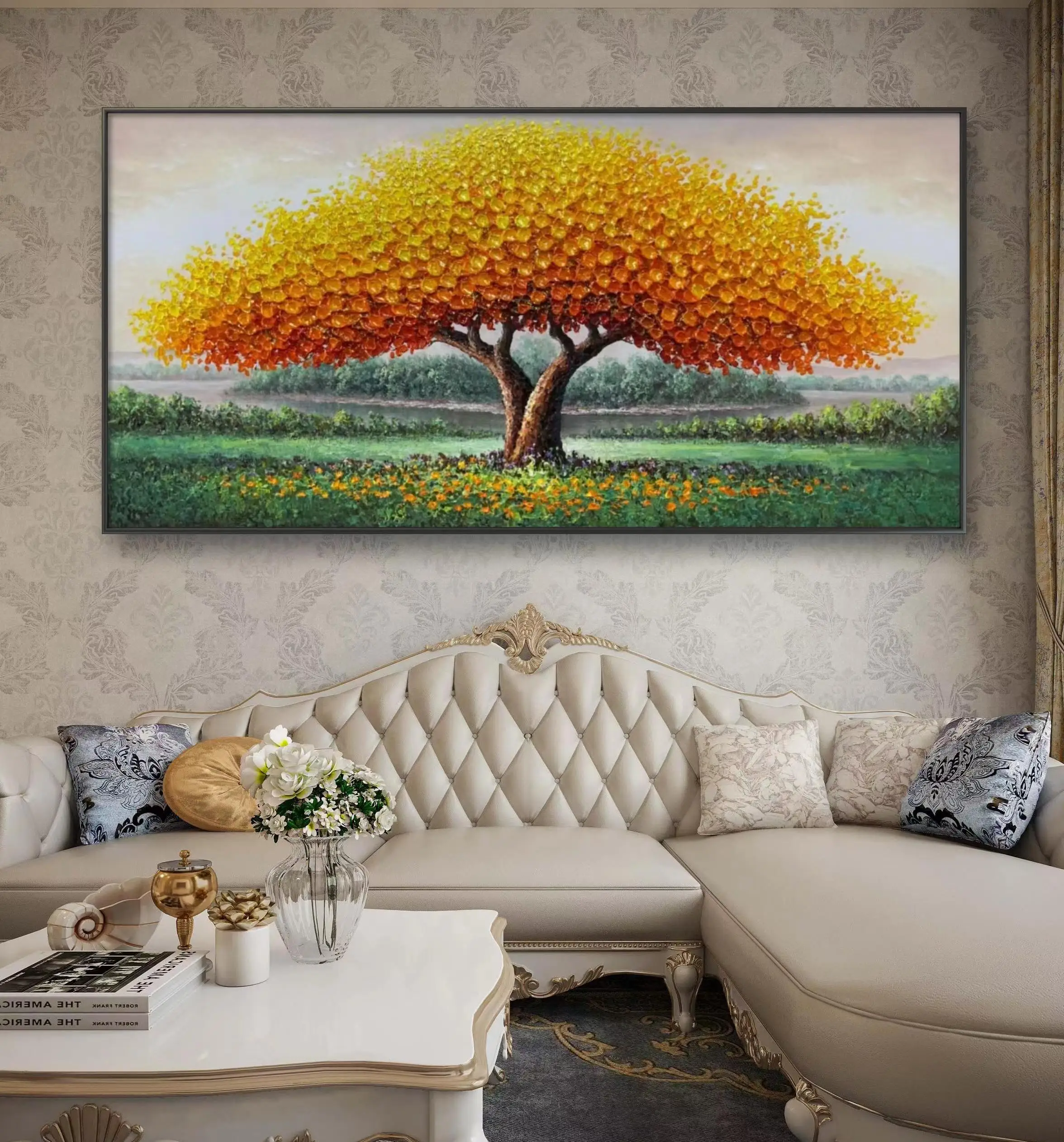 Pure hand drawn modern style luxury home decoration paintings and wall arts Exquisite knife paintings golden tree