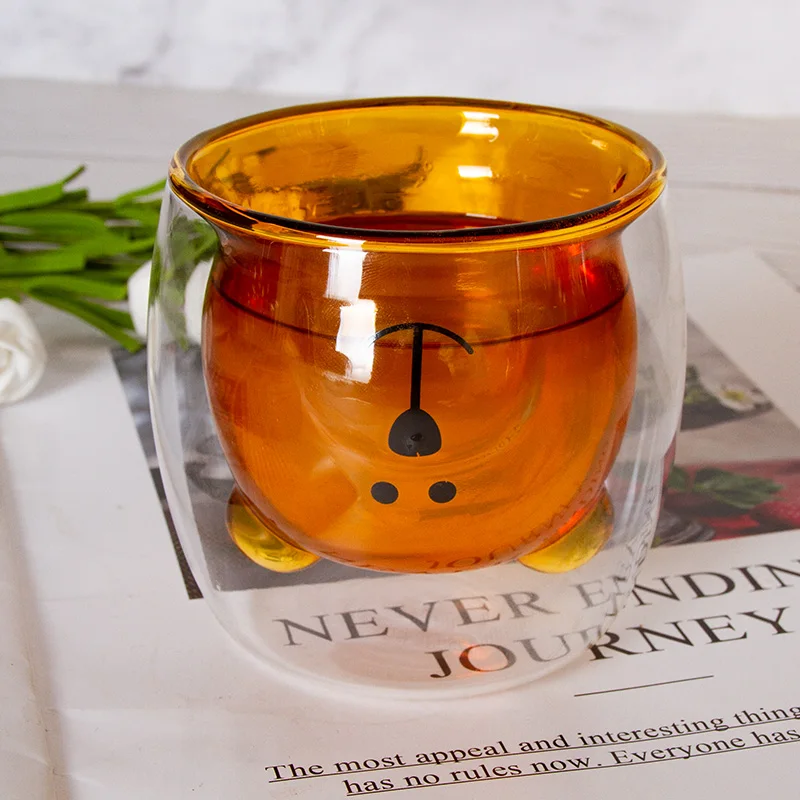 Glass Mugs Bear Cat Dog Animal Double-layer Glass Mug Coffee Cup Christmas  Mug gift