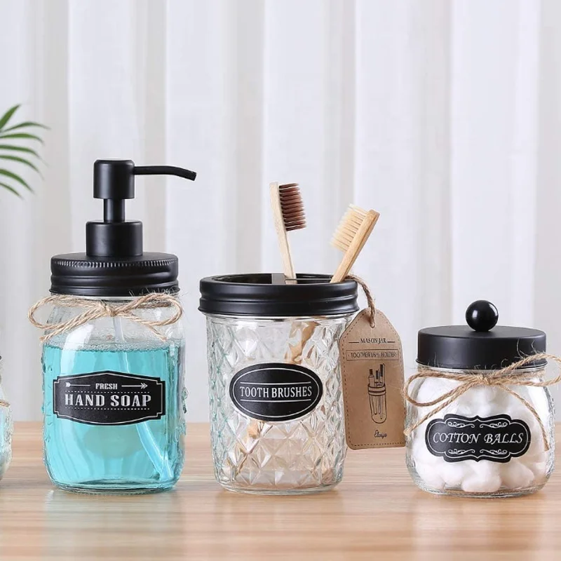 Wholesale Hand Sanitizer Pump Cover Glass Mason Jar With Black Soap Dispenser Bathroom Accessories