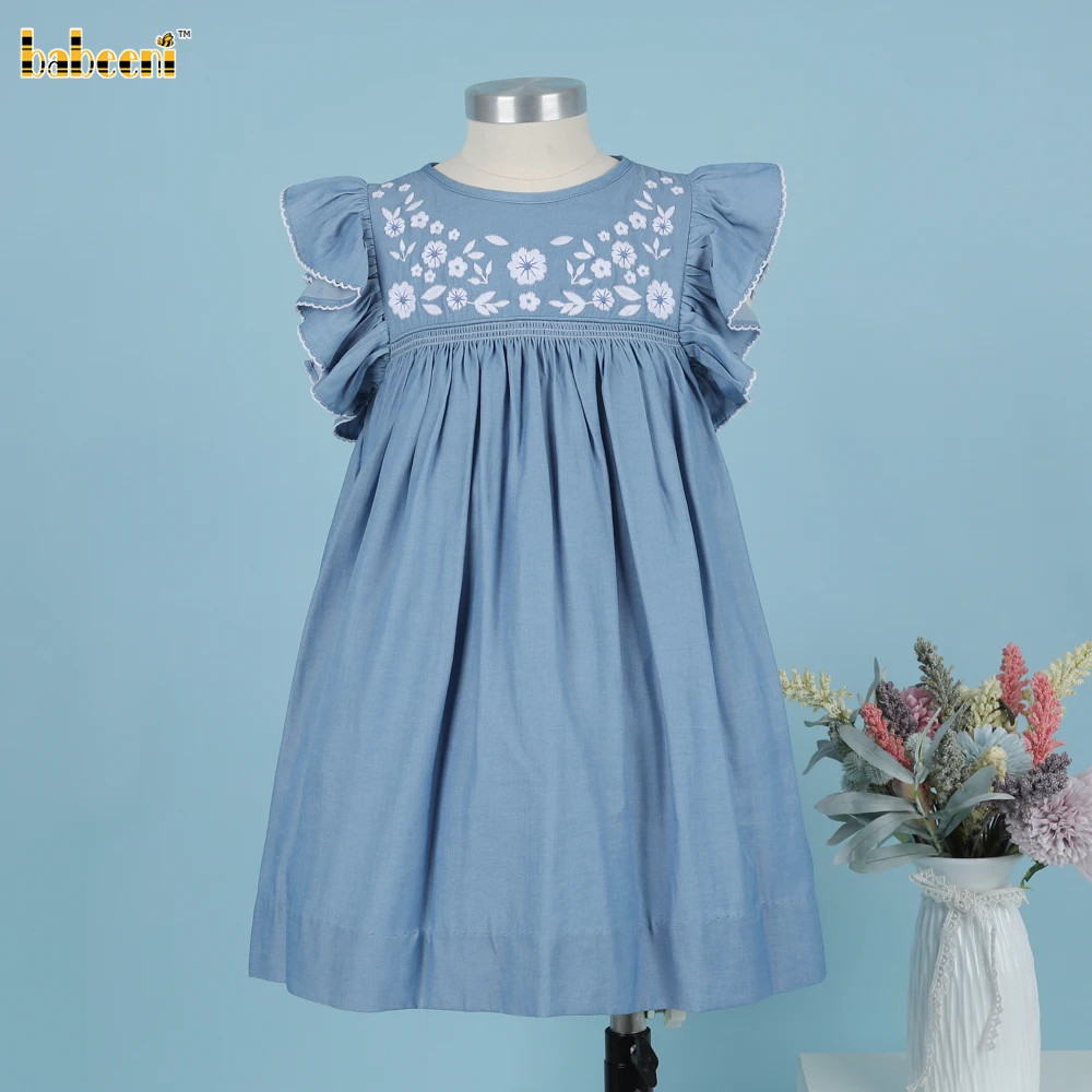 Girl Embroidered Flowers Blue Dress OEM ODM kid smocked baby dress smocked girl dress kids clothing wholesale - DR3804