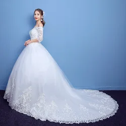 XMN  Wholesale Korea Style Luxury Lace Half Sleeve Off shoulder Bridal Wedding Dress/Gown with long train
