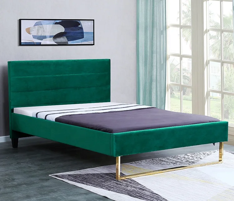 Willsoon Modern Design Luxury King Size Bed Lightweight with Velvet Fabric Golden Stainless Steel Foot Soft Leather Upholstery