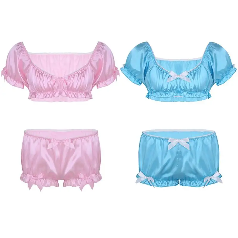 Cheap Sissy Sleepwear Set Soft Silky Short Sleeves Crop Top with Bloomers Boxer Briefs Satin Lingerie For