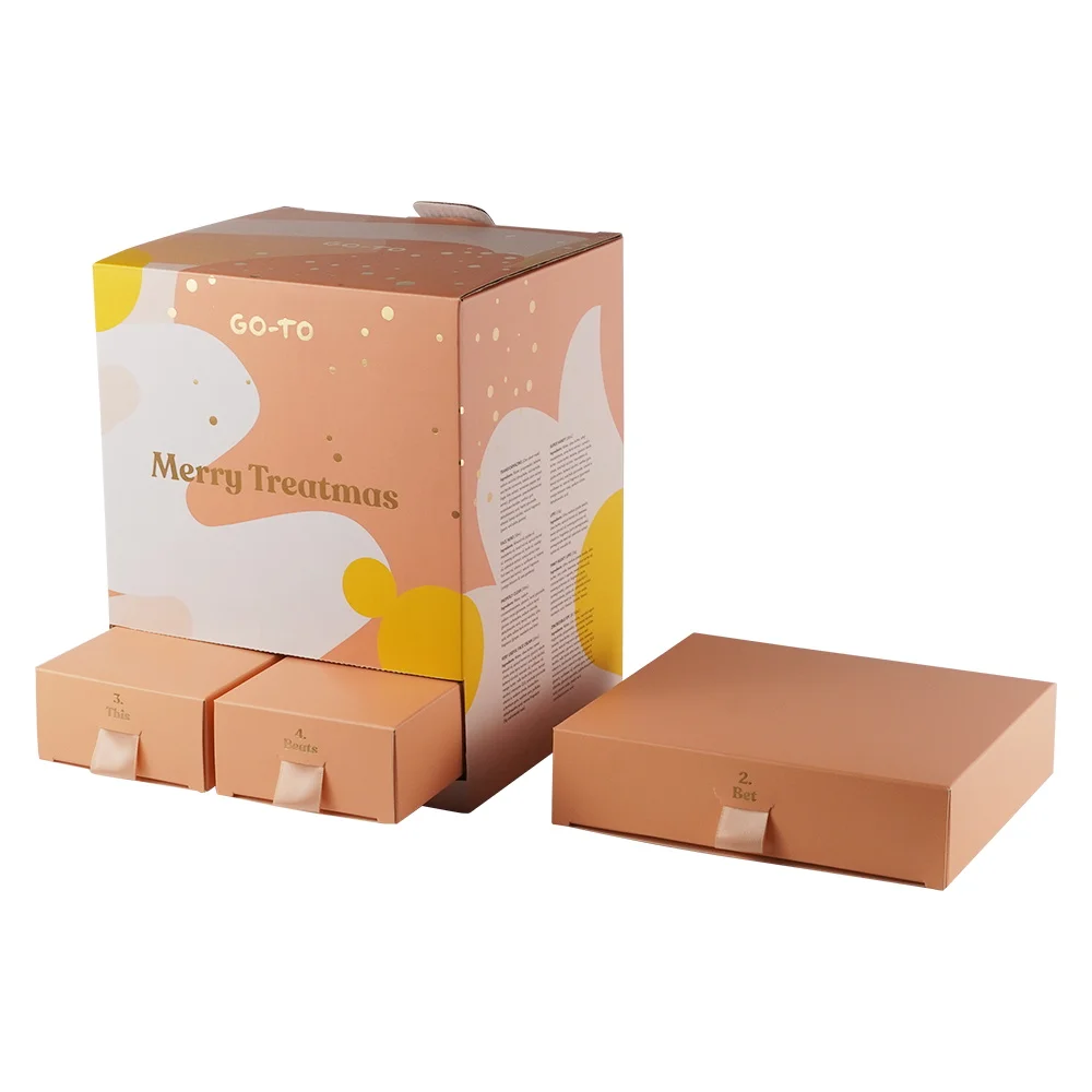 Cardboard Advent Calendar Gift Box Custom Luxury Empty 12 Months Rigid Paperboard Makeup Sets Drawer Boxes With Ribbon Closure