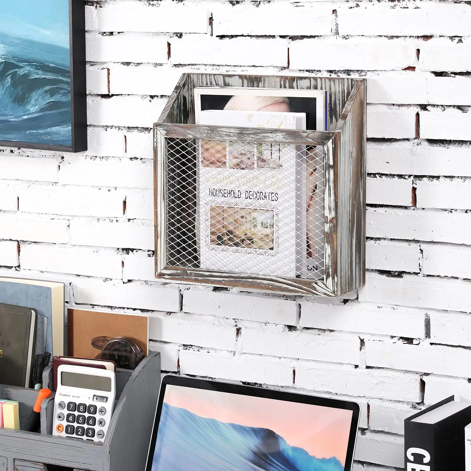 Rustic Magazine Holder Torched Wood and Chicken Wire Design Wall Mounted Farmhouse Home, Bathroom, Office Magazine Rack