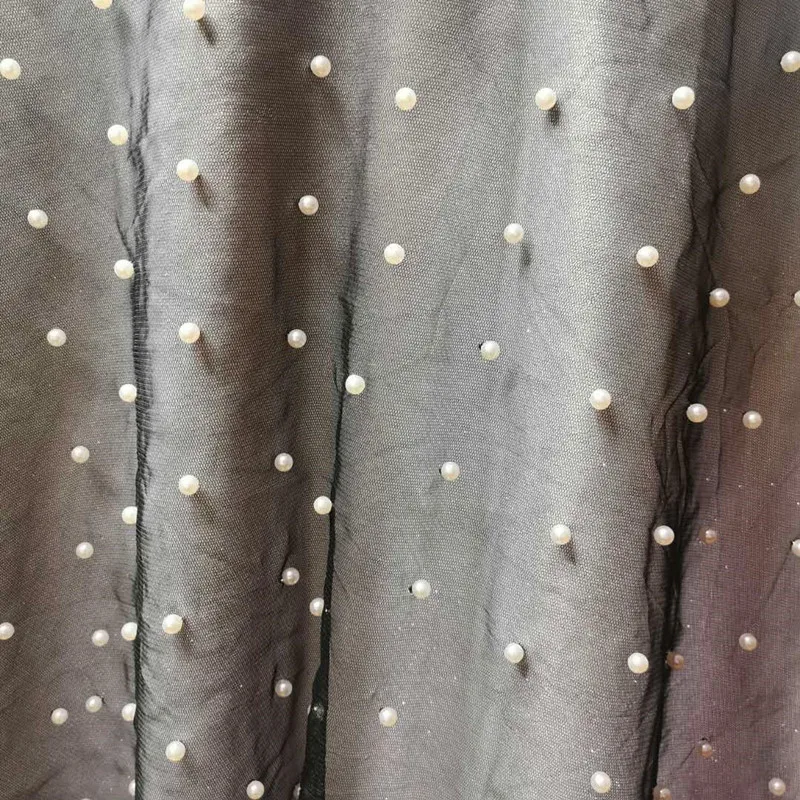 Poly Mesh with Pearl Fabric Embroidery Customized Design Lace Beads 100% Polyester Embroidered Eco-friendly Support