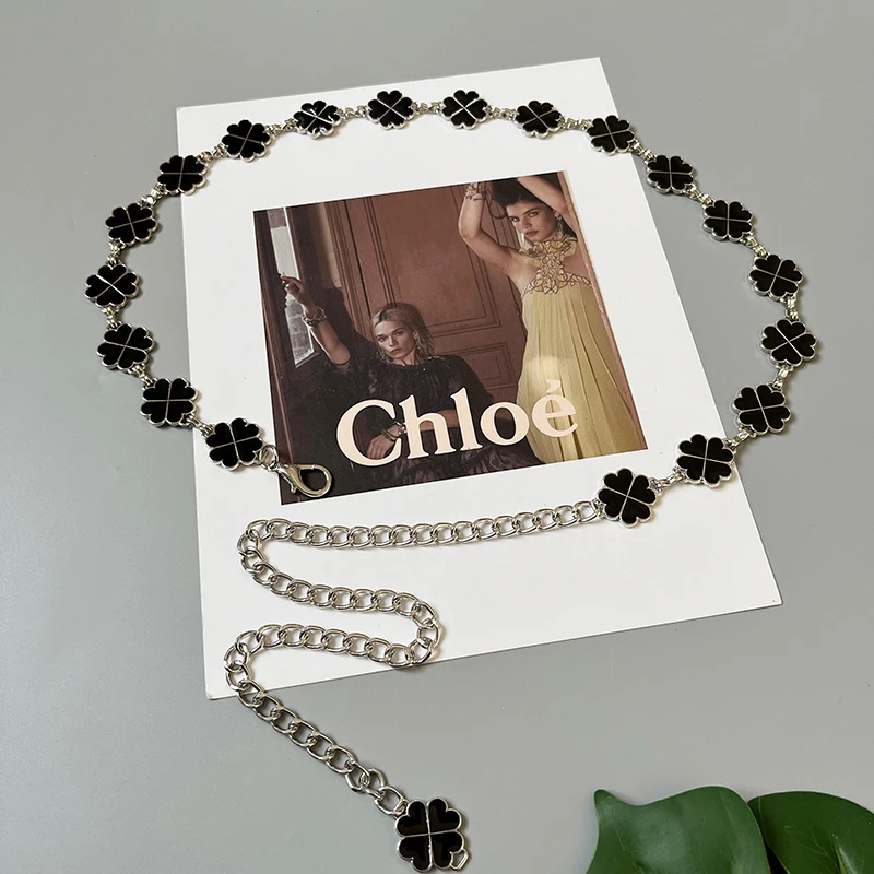 Full Floral Metal Waist Chain Retro Chain Waistband Black White Flowers Front Back Available Luxury Chain Decoration Dress