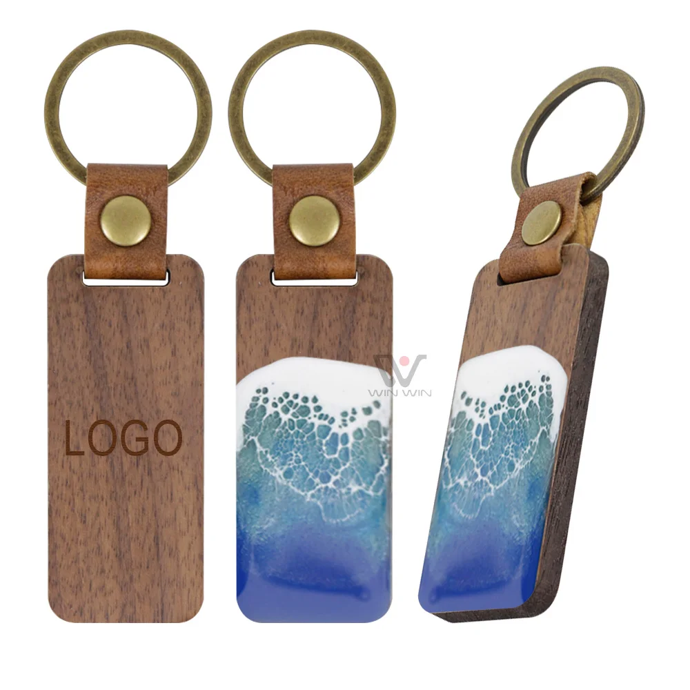 New Material Handmade Wooden PU Leather Ring Customized Beach Wave Keychains