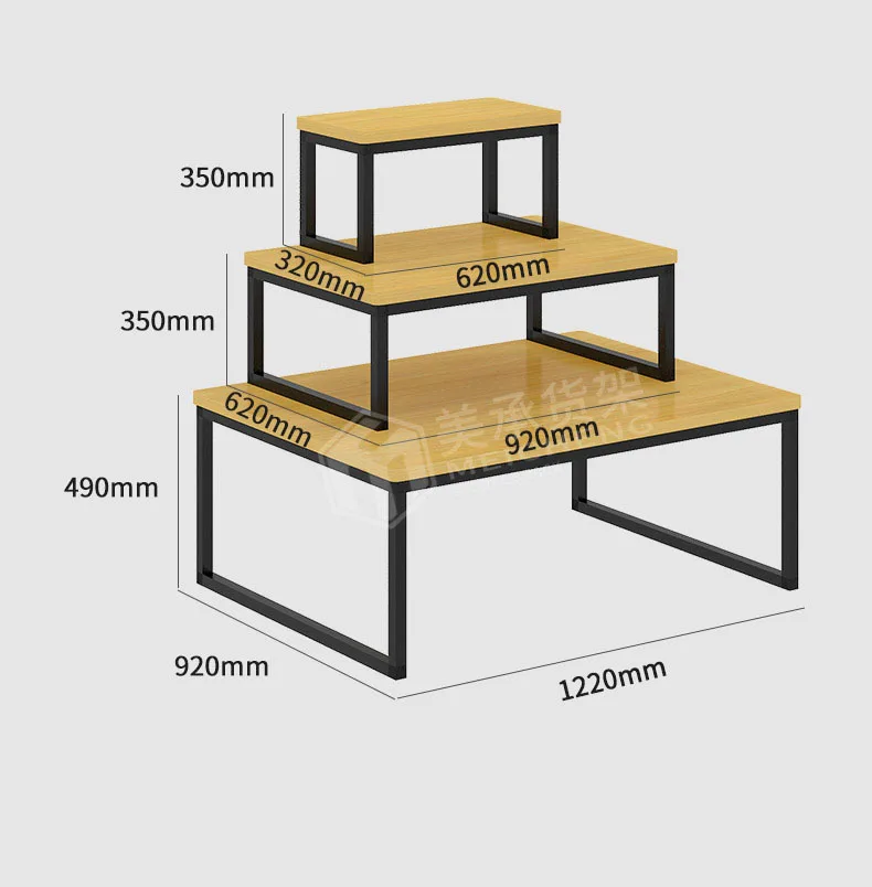 Meicheng 3 Set Table Wooden Display Stand Shop Promotional Table Display For Cloth Bag Shoe