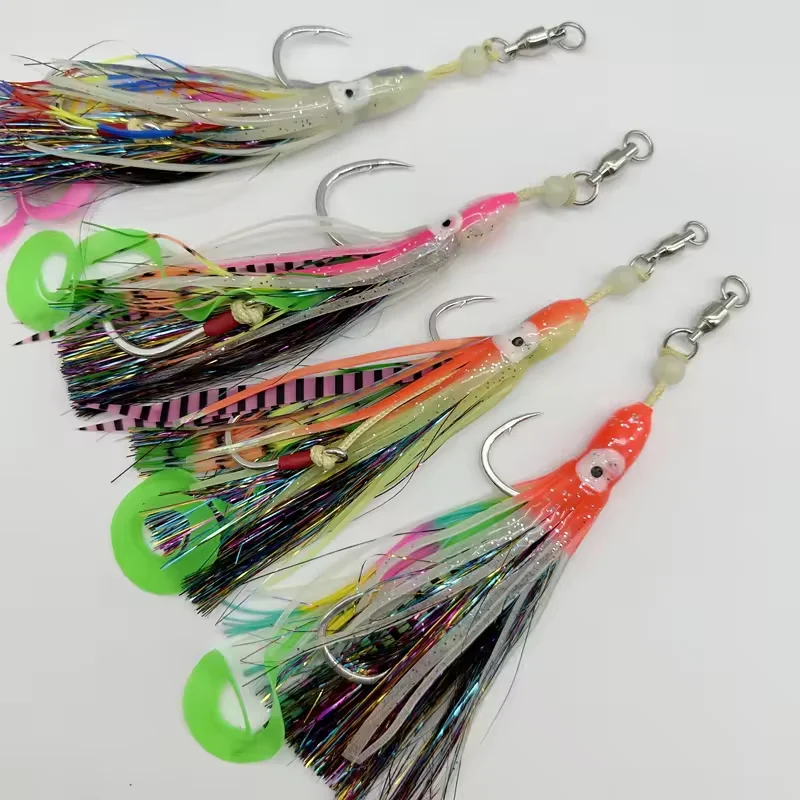 OEM 1/0-5/0# bionic squid skewer hooks luminous double jig hook with squid skirt saltwater double assist octopus jigging hook