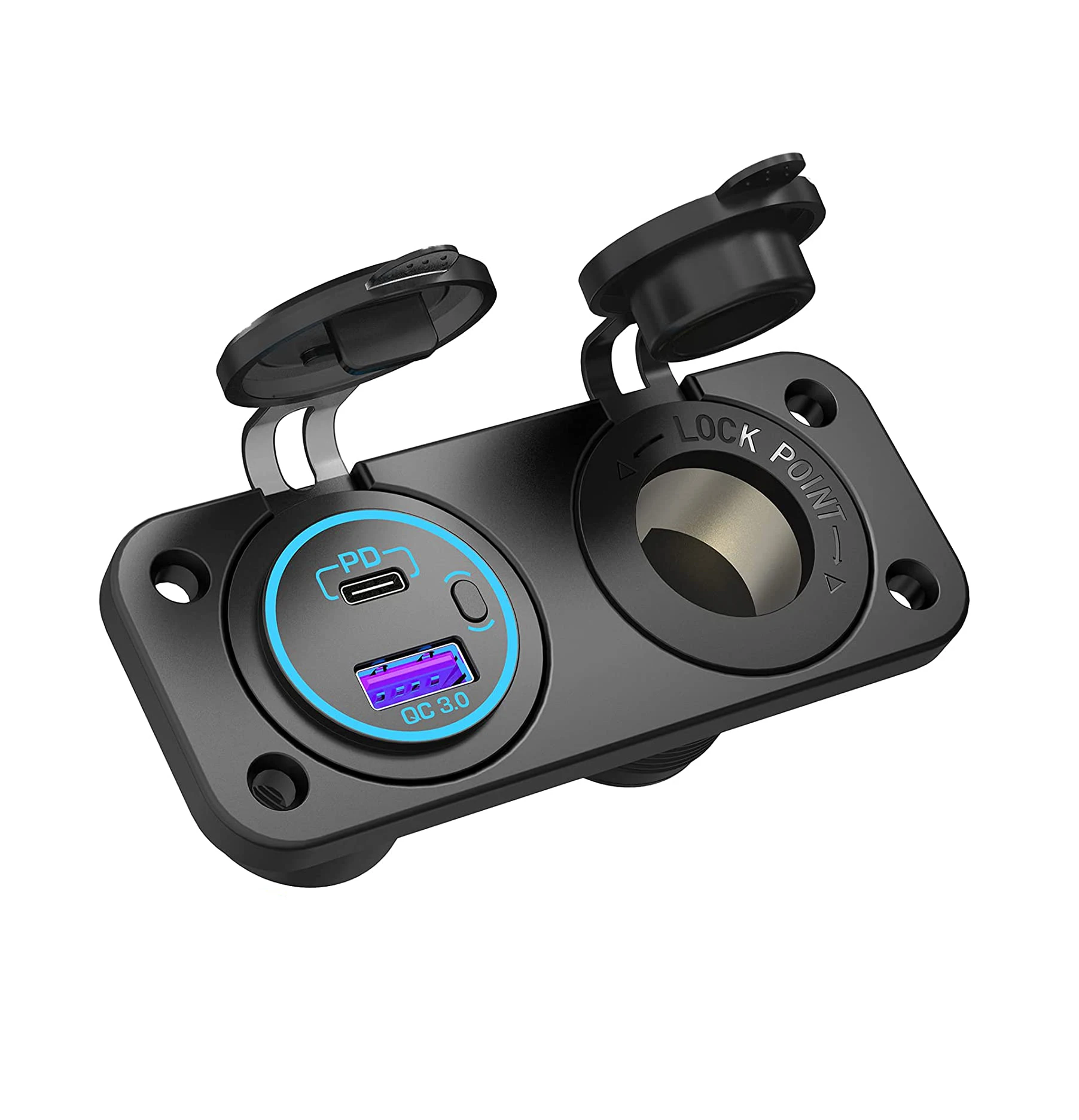 12V Cigarette Lighter Socket Quick Charge 3.0 & PD 3.0 USB Charger Power Outlet with Button Switch 12 Volt Adapter for Car