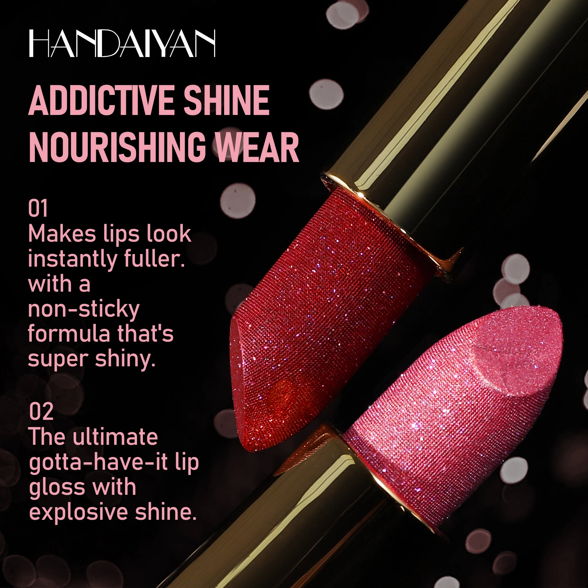 HANDAIYAN 8 Colors Wholesale Shimmer Glitter Lipstick Moisturizing Emboss Shiny Sparkle Silk Moire Design Lip Makeup Cosmetics