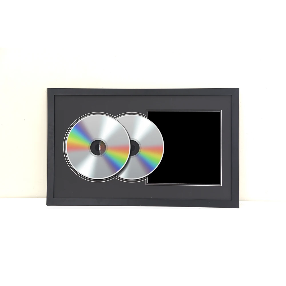 Wood Frame Black Grooved Double Layer Record CD Display Rack With White Matte And Glass For Collecting