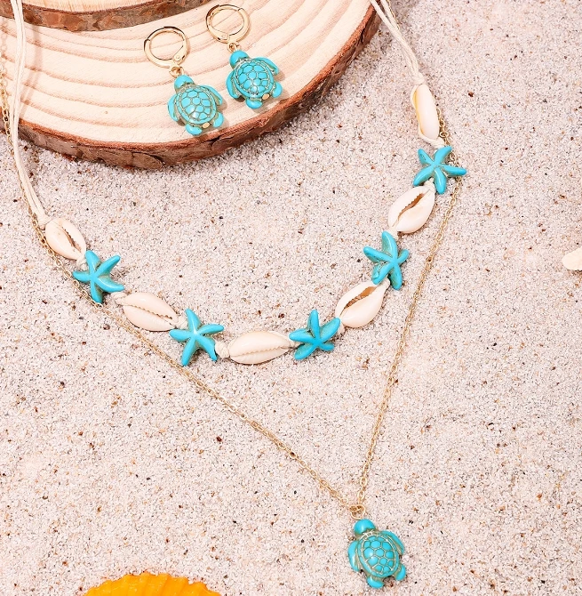New starfish shell necklace turtle earpiece Ocean series multi-piece alloy jewelry set